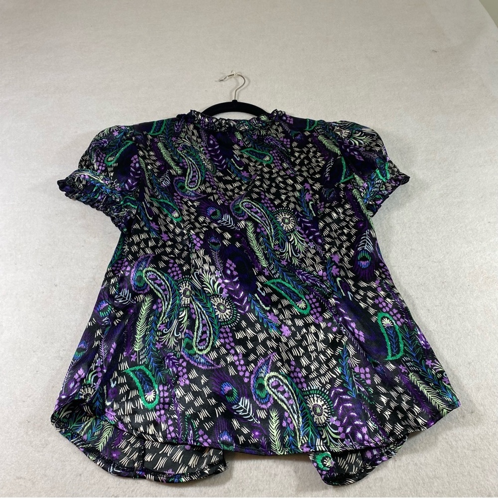 Chime Paisley Button Down Blouse Top Short Sleeve Sharkbite Hem LG Peaco…